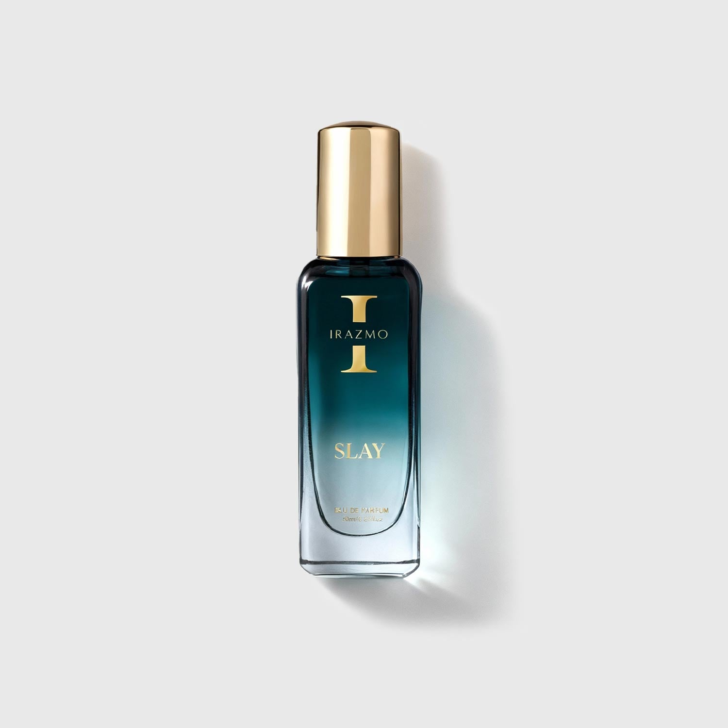 Perfume bottle labeled 'Irazmo I Slay' on a light gray background