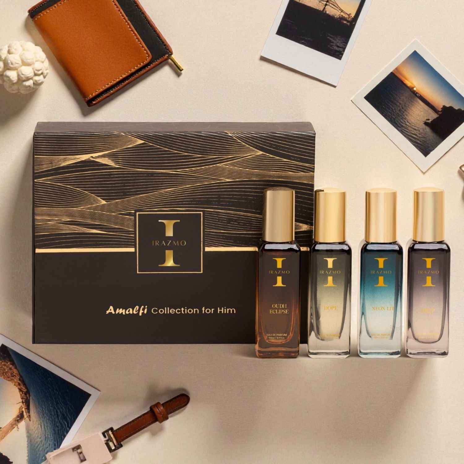 Amalfi Collection for Him by Iraymo with four bottles and a box on a light background