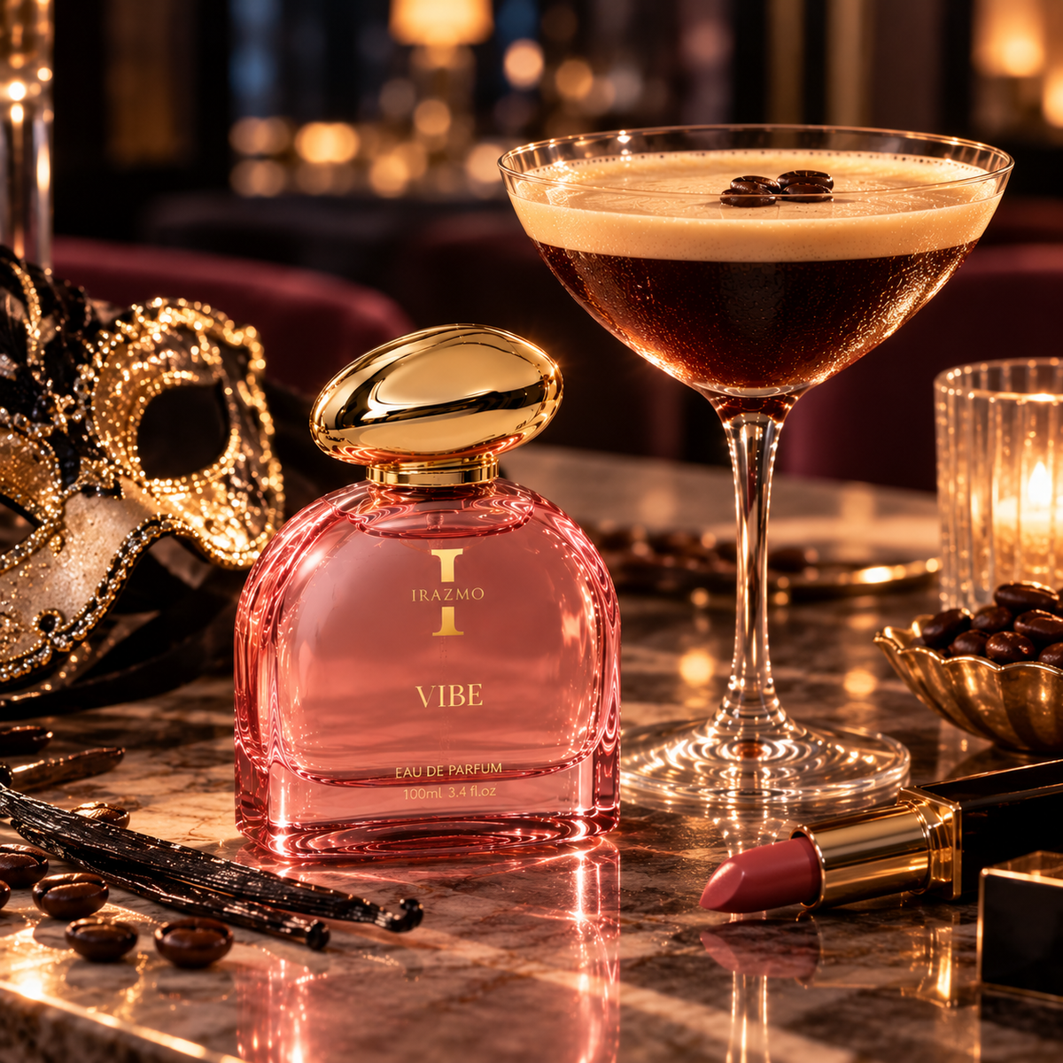 Irazmo Vibe perfume bottle beside an espresso martini, jewellery and lipstick in a bar