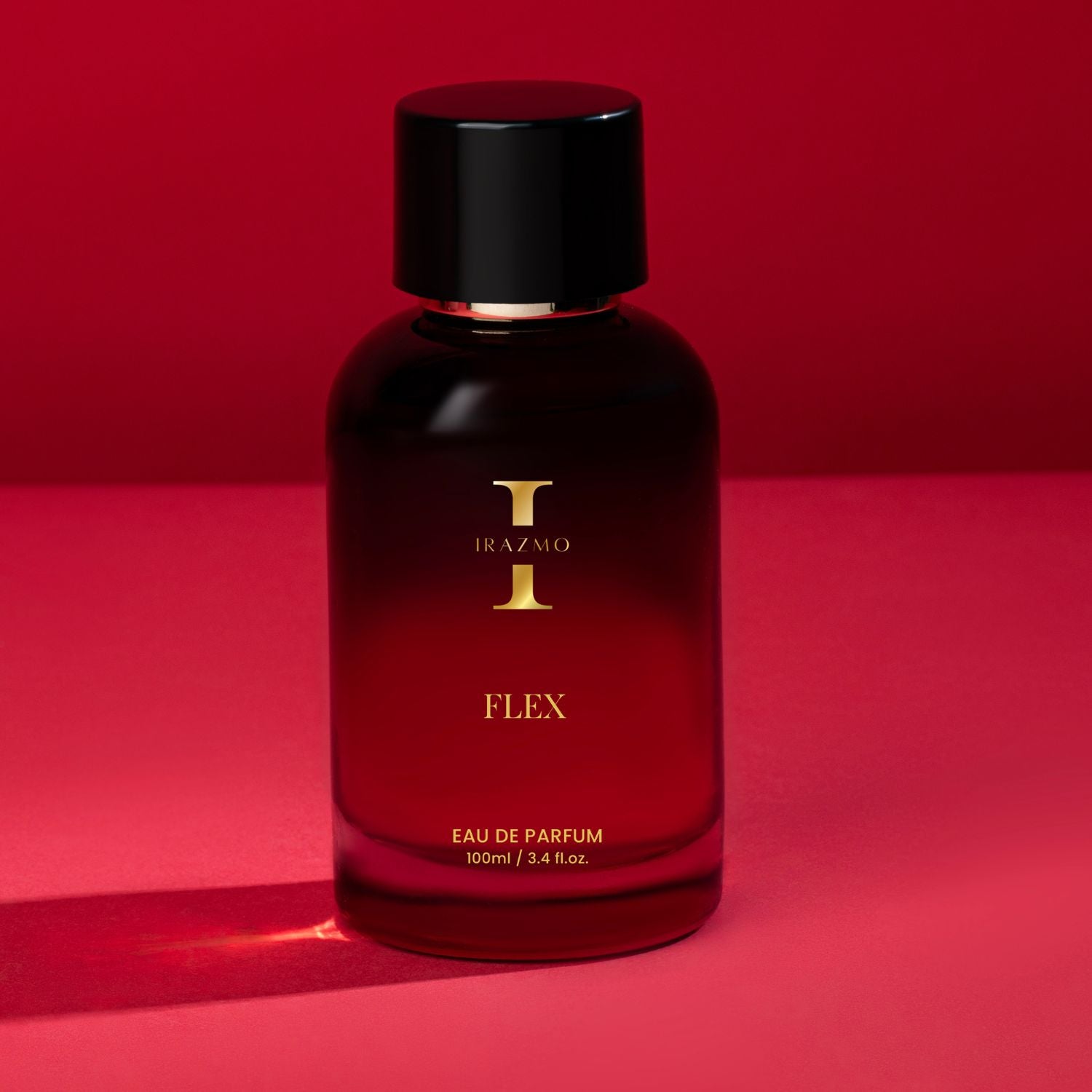 Red perfume bottle labeled 'Flex' by Irazmo on a red background
