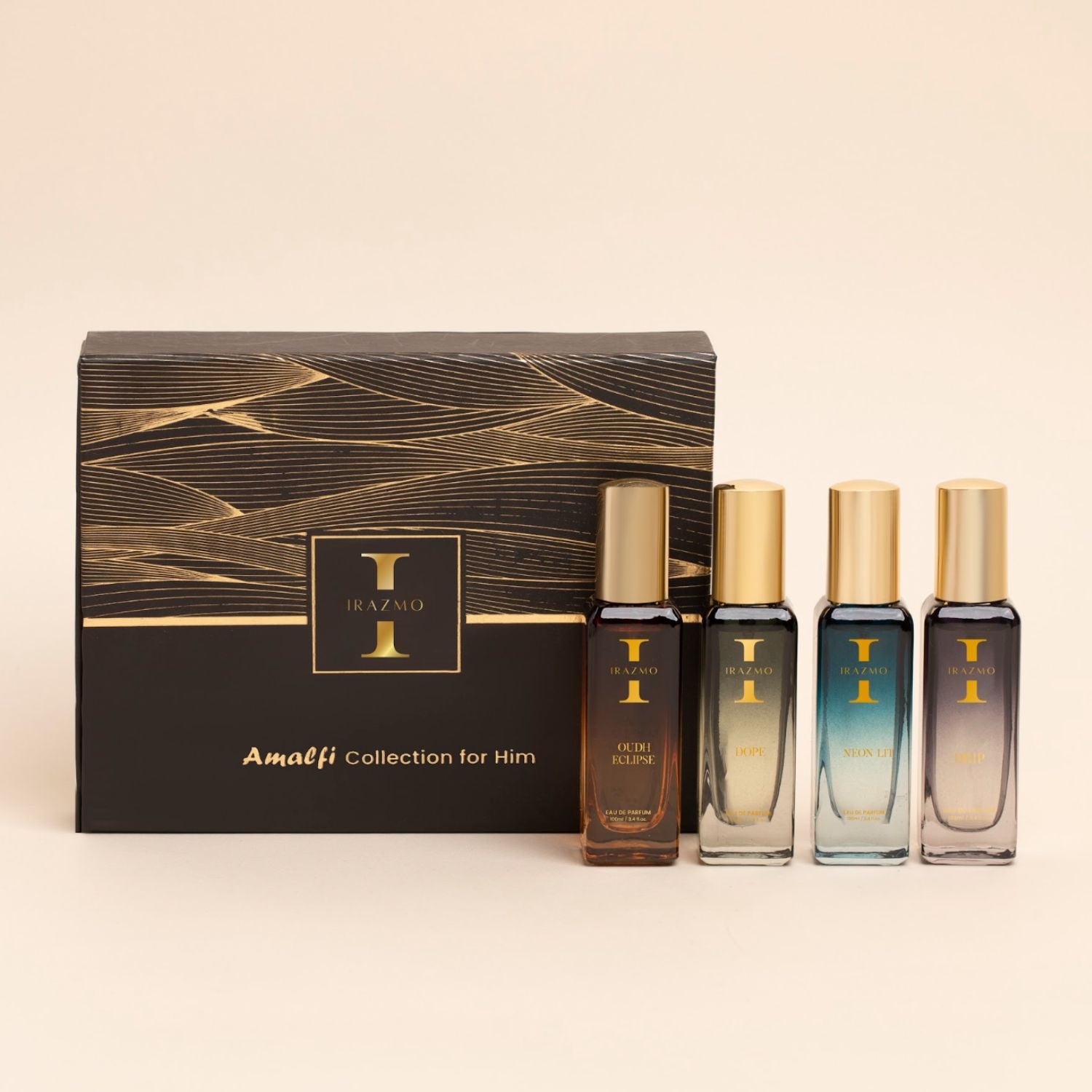 Amazino Amalfi Collection for Him perfume set with four bottles and a decorative box on a beige background