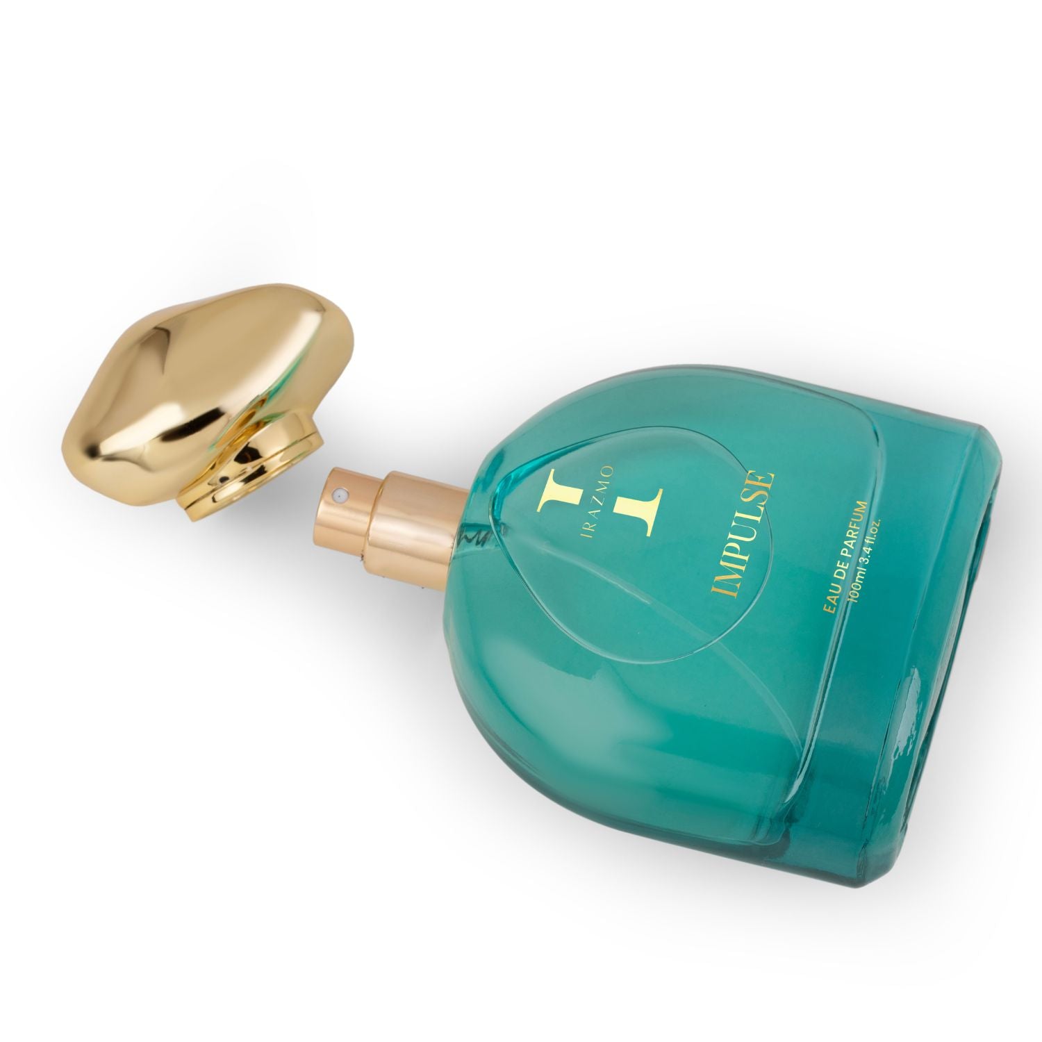Teal perfume bottle with gold cap on a white background
