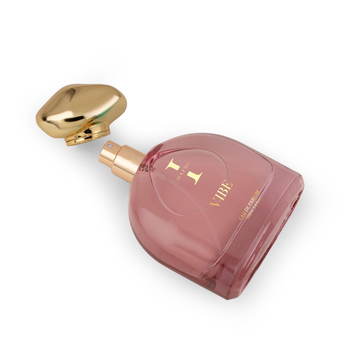 Pink perfume bottle with gold cap on a white background