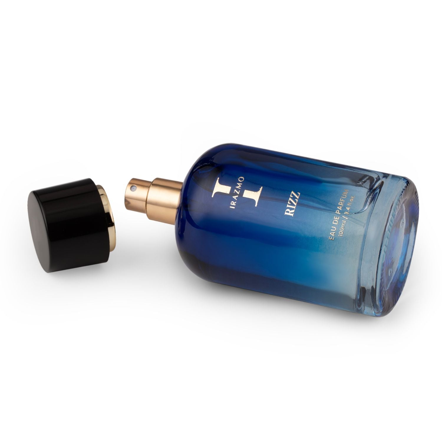 Blue perfume bottle with black cap on a white background