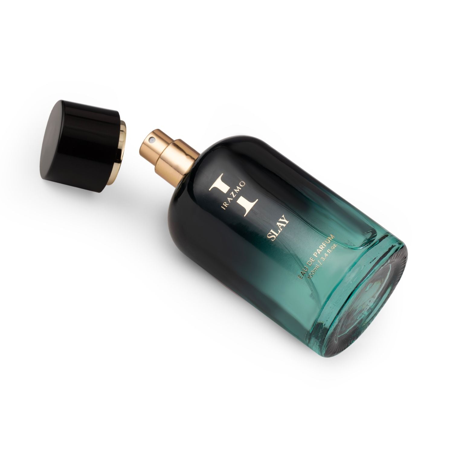 Perfume bottle with black cap and gradient green design on a white background