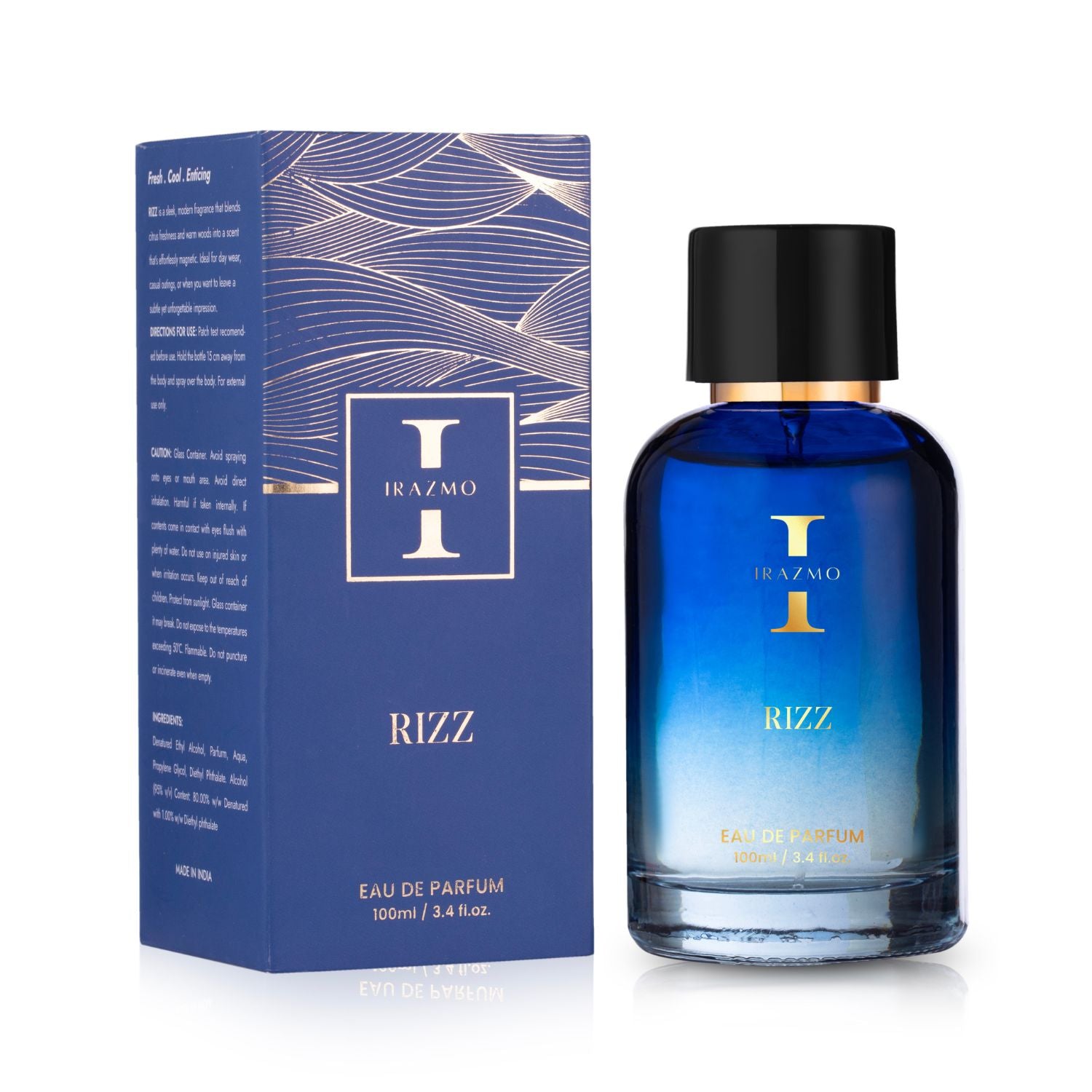 Blue perfume bottle with black cap and matching box on a white background