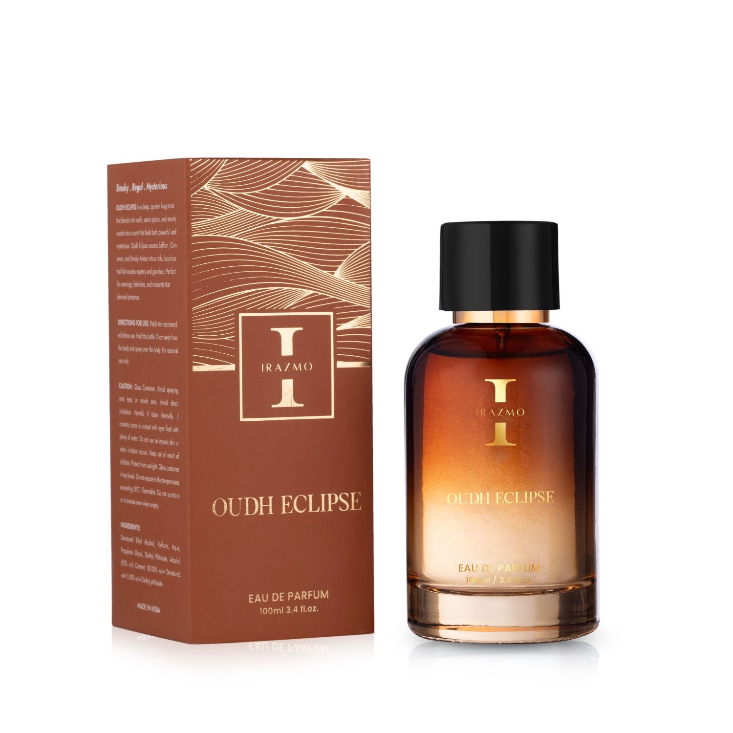 Brown perfume bottle and packaging with 'Oudh Eclipse' text on a white background