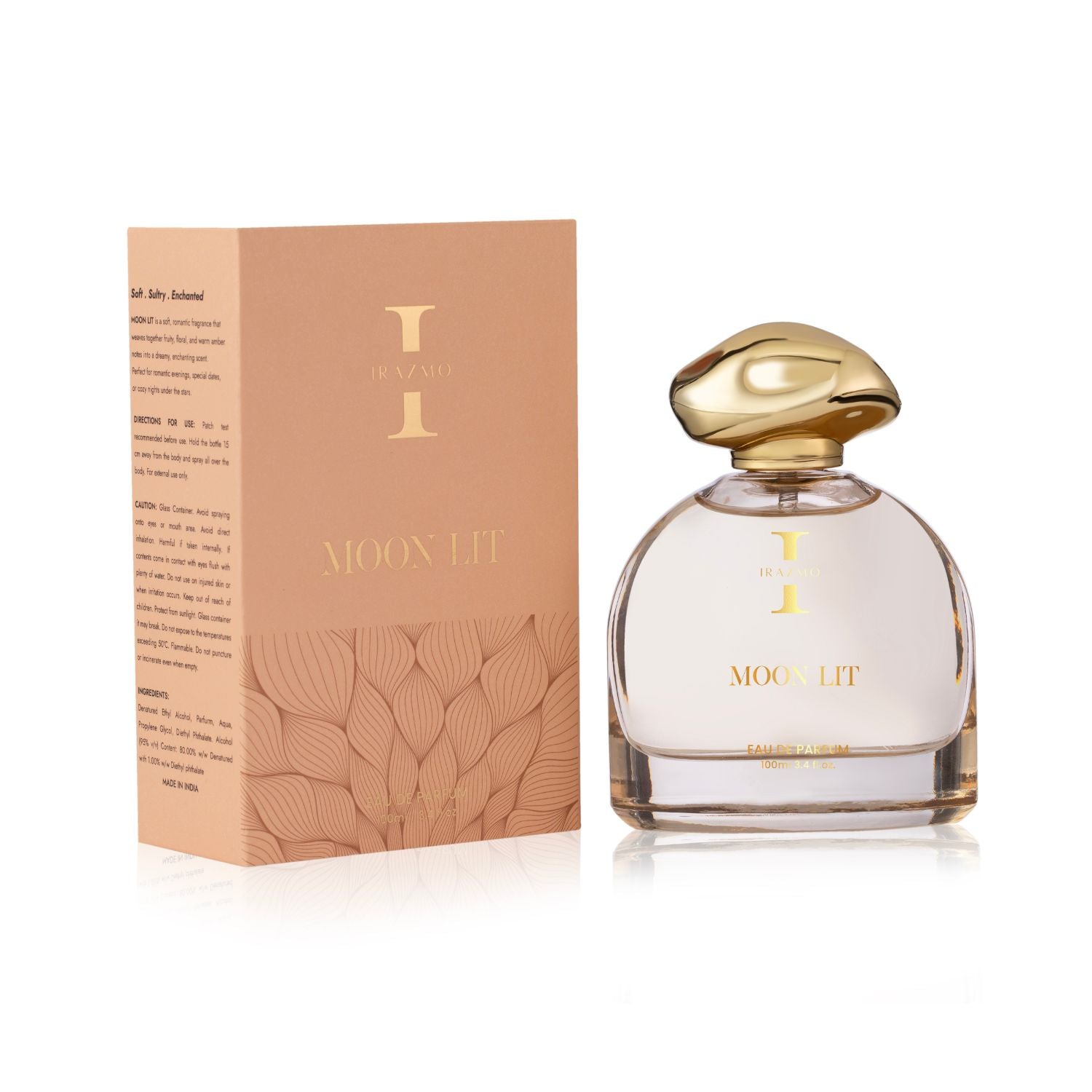 Perfume bottle with gold cap and packaging on a white background