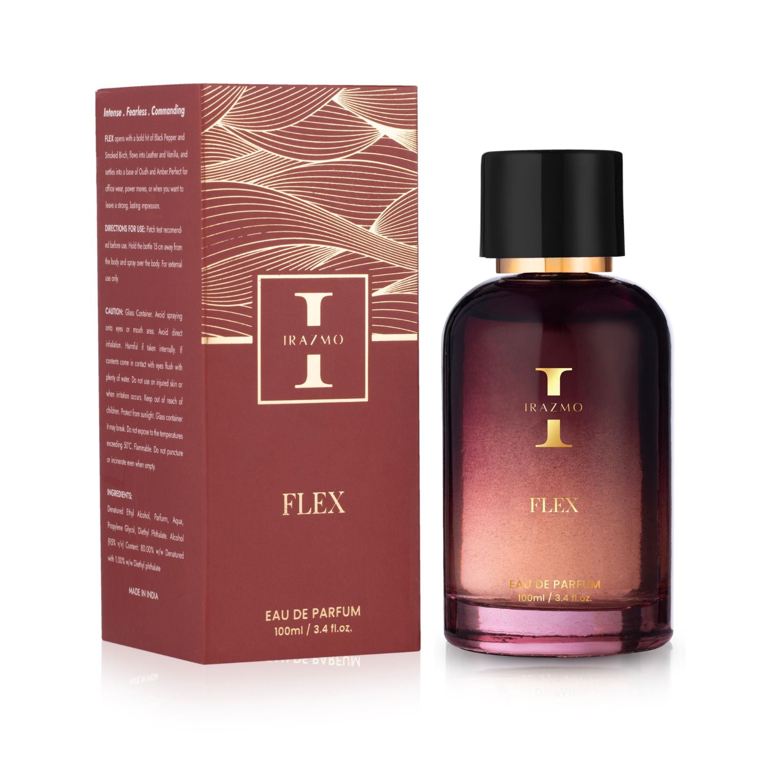 Perfume bottle and packaging of Trazmio Flex on a white background