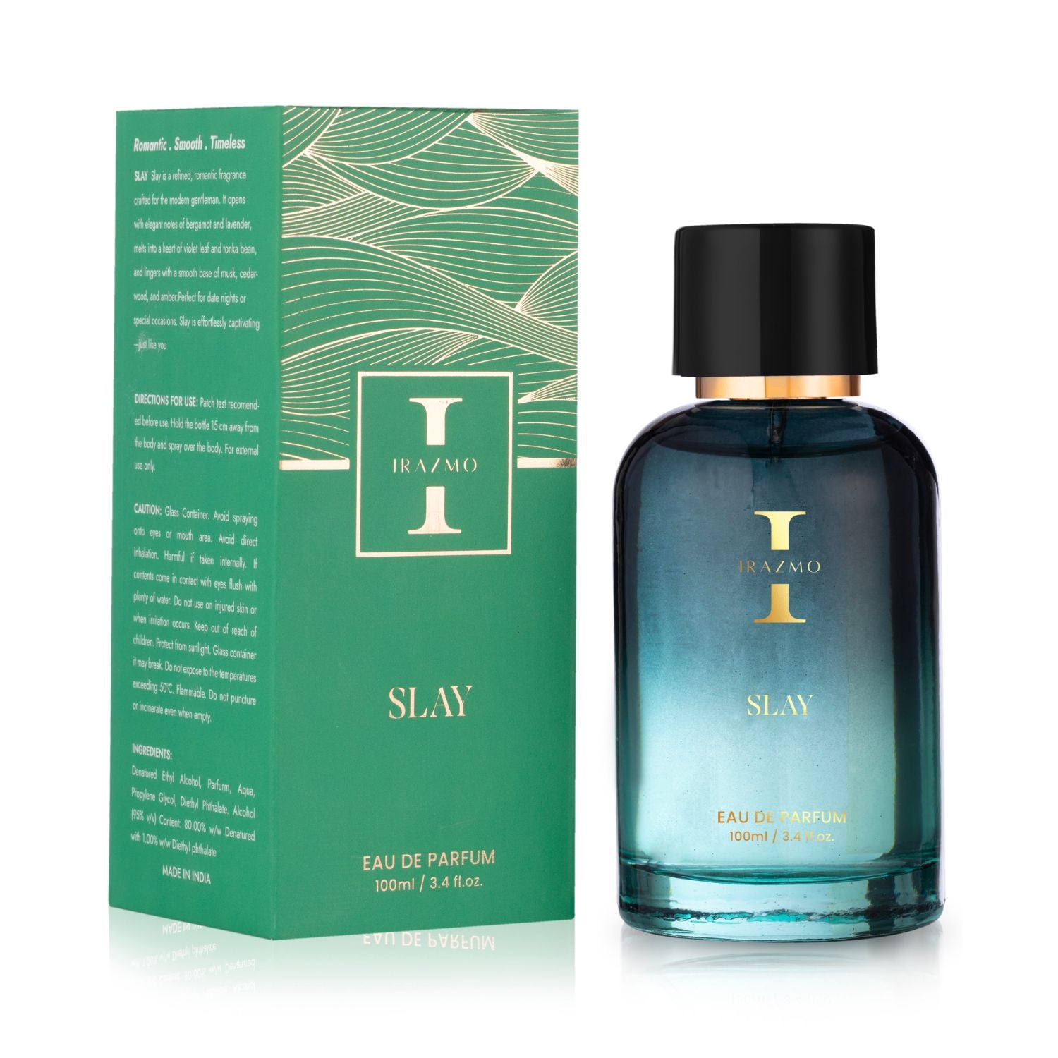 Perfume bottle and packaging of 'Slay' by Trazmo on a white background