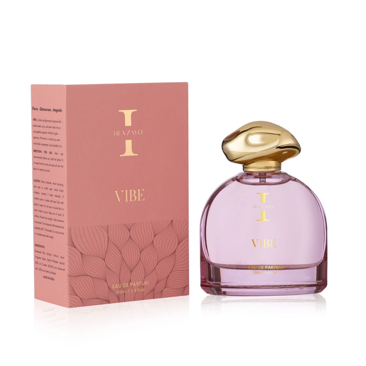 Perfume bottle and packaging with 'Vibe' branding on a white background