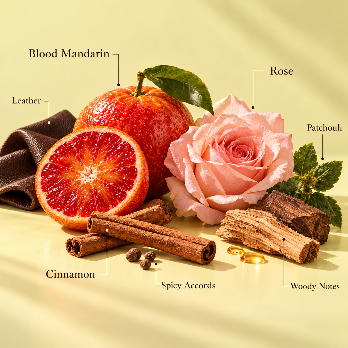 Aurum fragrance notes graphic showing blood mandarin, rose, cinnamon, spicy accords, leather, woody notes and patchouli