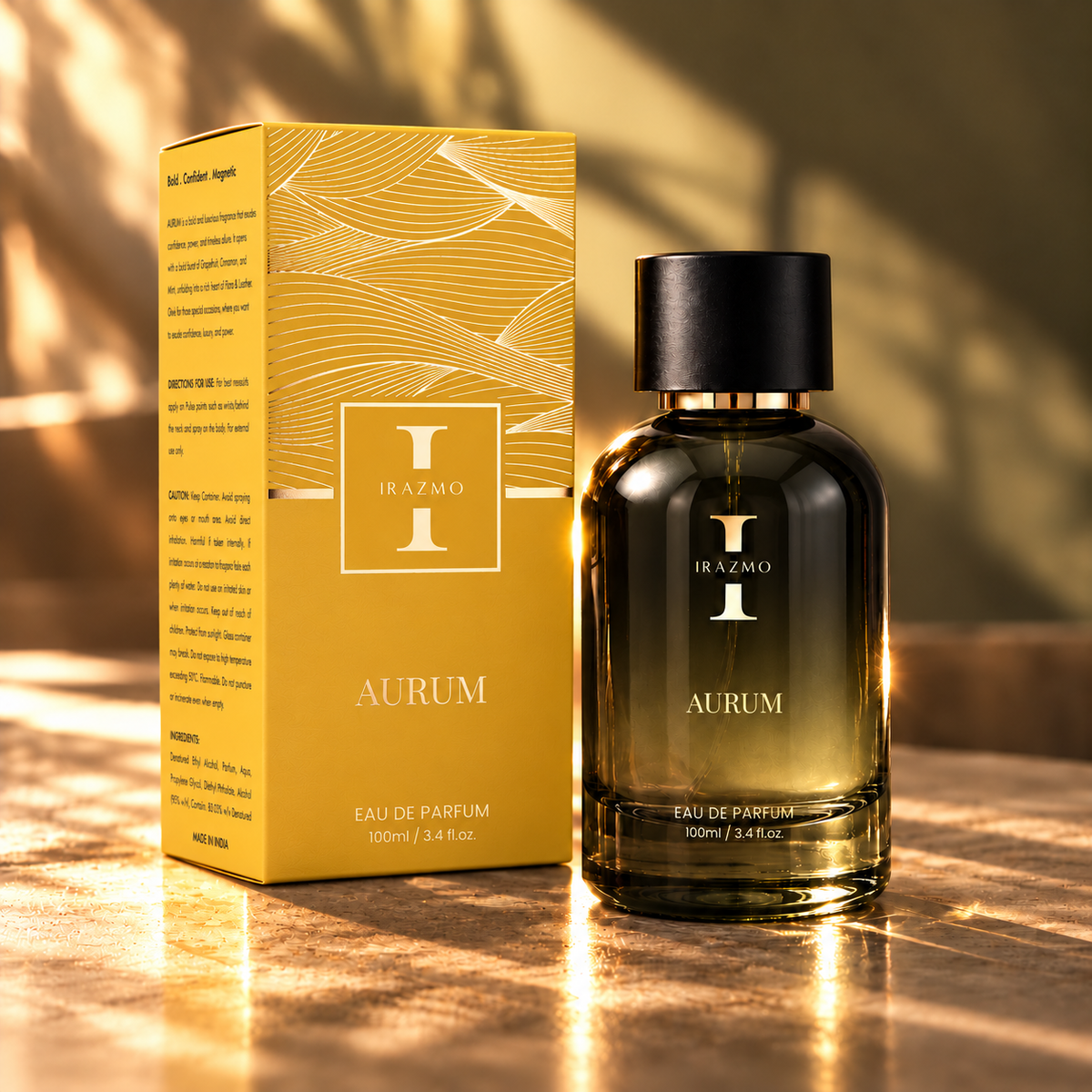 Irazmo Aurum perfume bottle and yellow box in golden sunlight