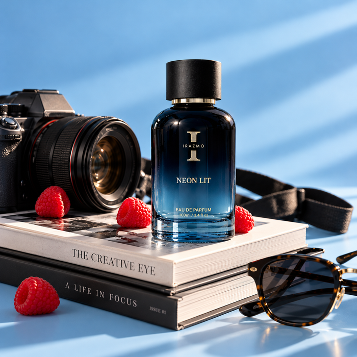 Irazmo Neon Lit perfume bottle with raspberries, a camera, books and sunglasses on a blue surface