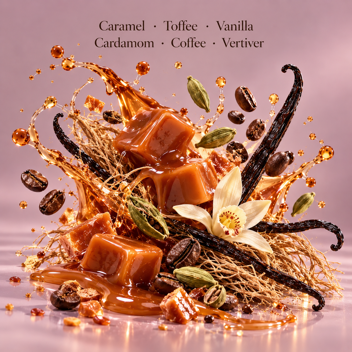 Drip fragrance notes graphic with caramel, toffee, vanilla, cardamom, coffee and vetiver
