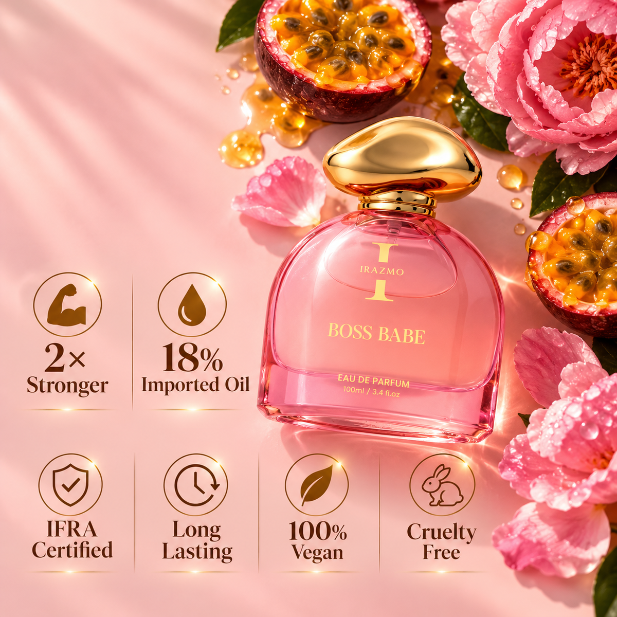 Irazmo Boss Babe perfume bottle with pink flowers, passionfruit and fragrance benefit icons