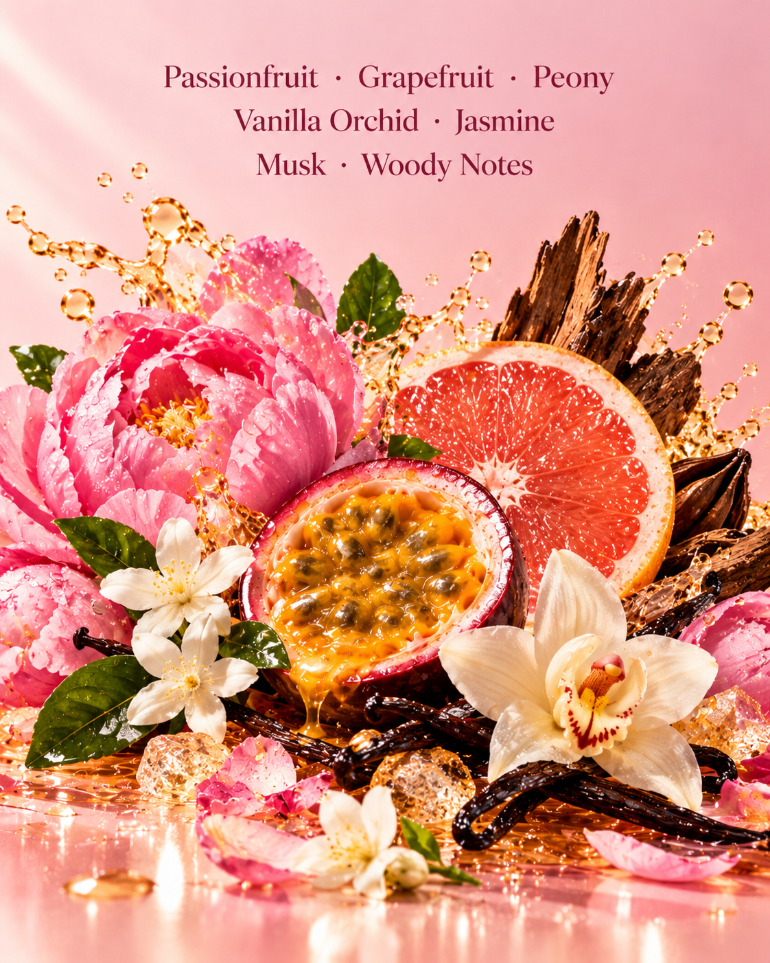 Boss Babe fragrance notes graphic with passionfruit, grapefruit, peony, vanilla orchid, jasmine, musk and woody notes