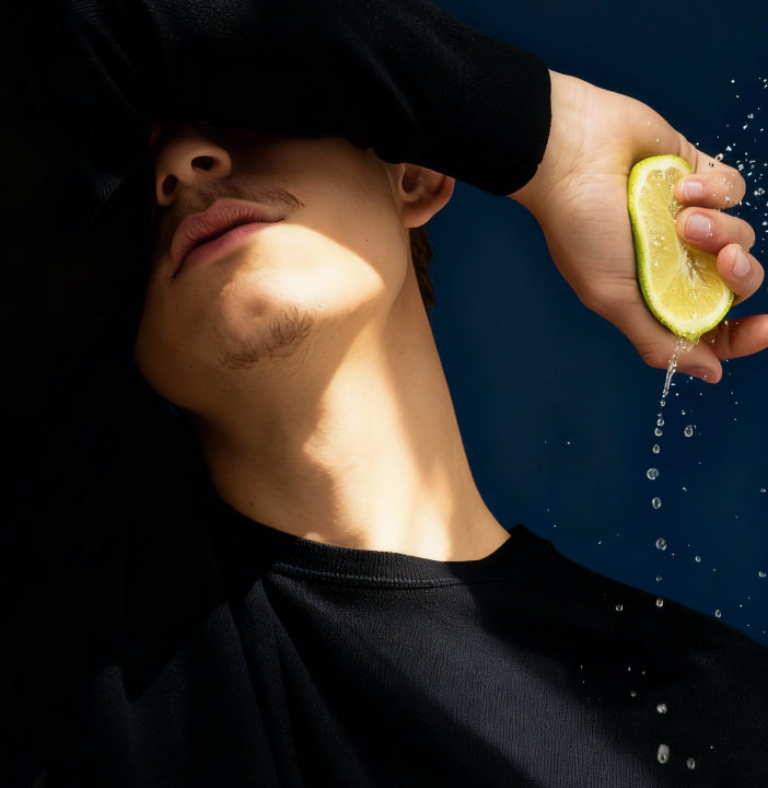 Person squeezing a lime against a dark background