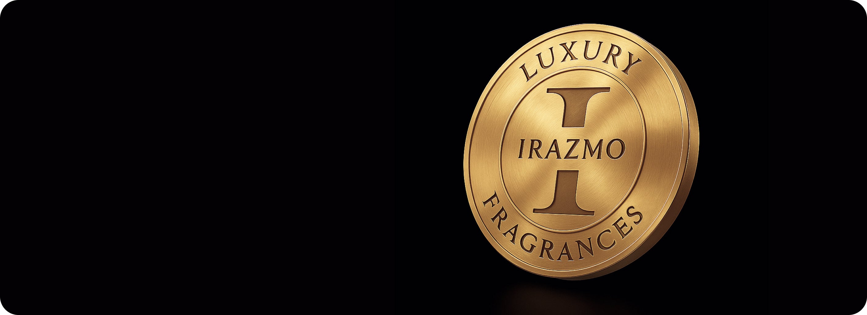 Gold coin with 'Luxury Irazmo Fragrances' logo on a black background