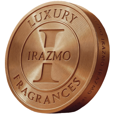 Bronze coin with 'Luxury Irazmo Fragrances' text and logo on a transparent background