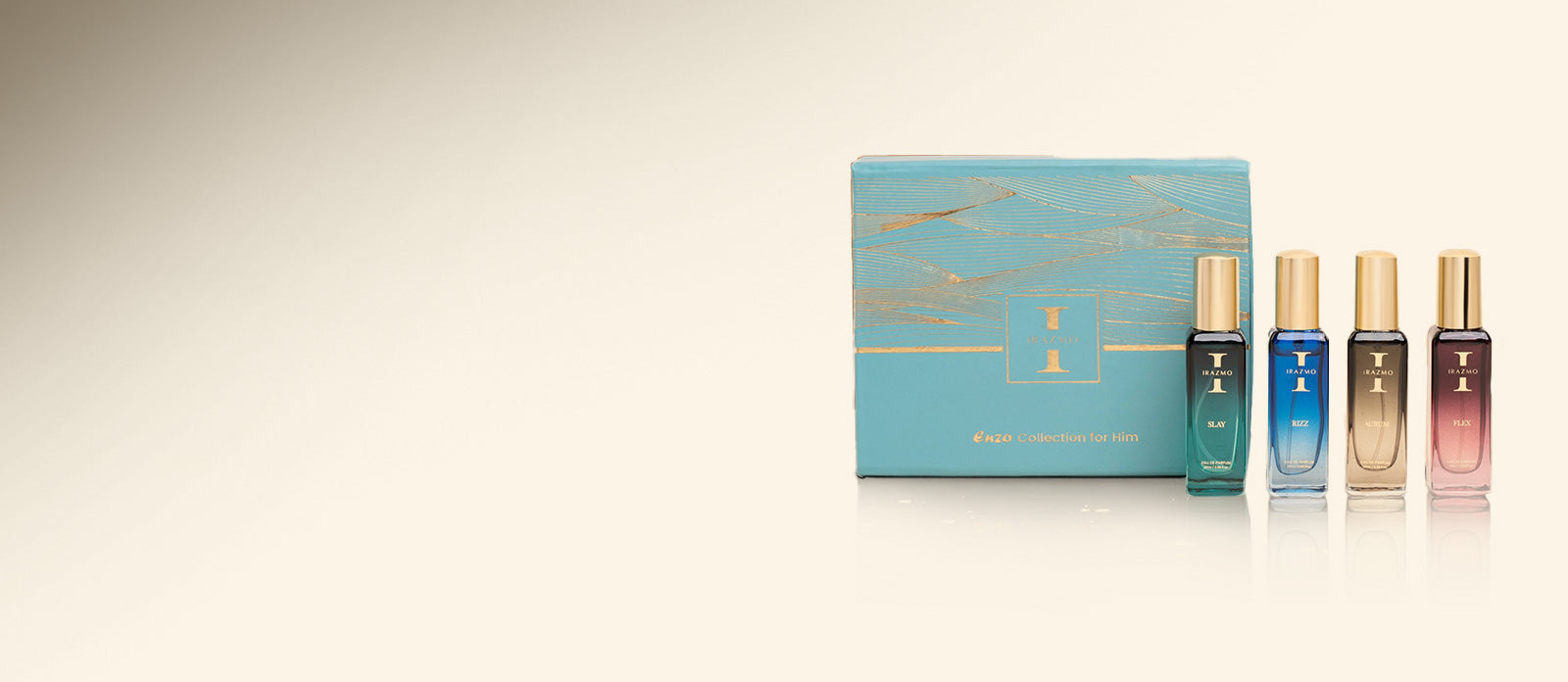 Set of perfume bottles with a decorative box on a beige background