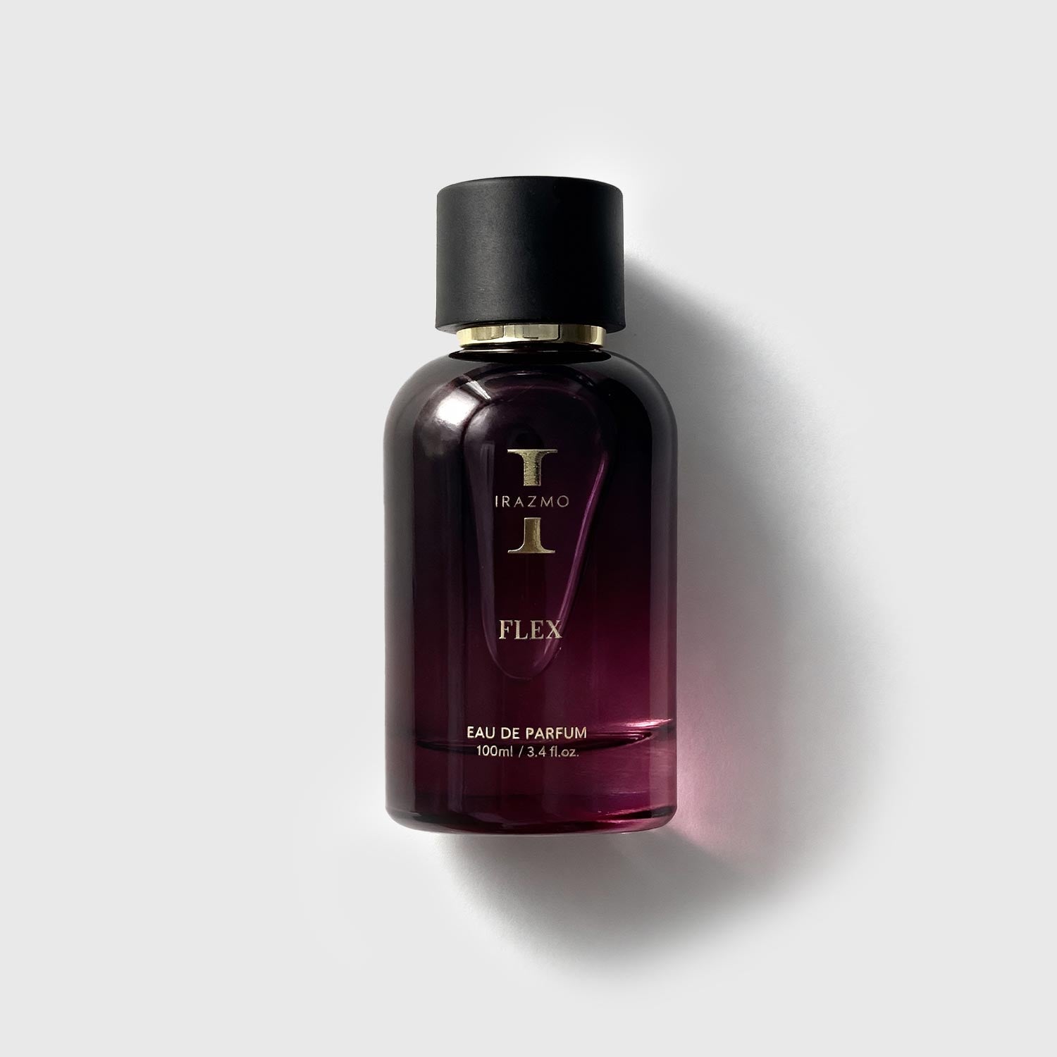 Perfume bottle labeled 'Flex' by Irazmo on a light gray background