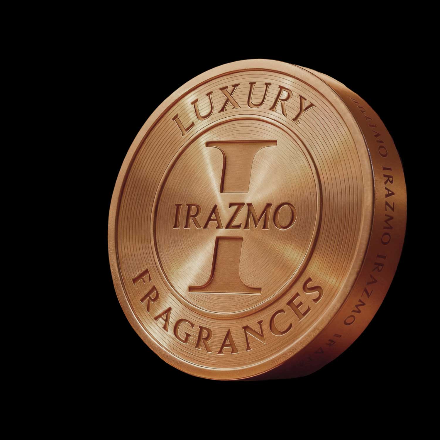 Gold circular emblem with 'Luxury Irazmo Fragrances' text on a black background
