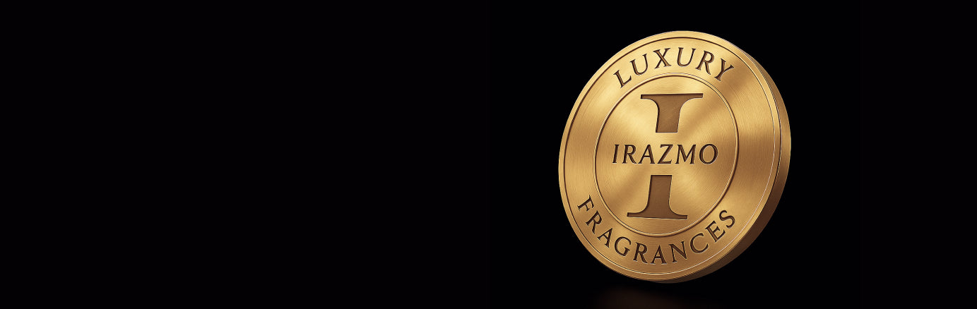 Gold emblem with 'Luxury Irazmo Fragrances' text on a black background
