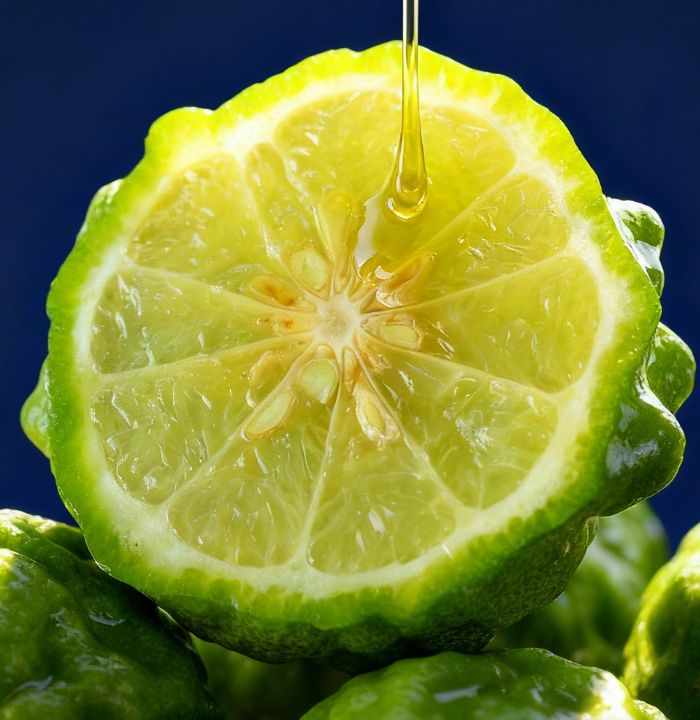 Sliced lime with honey drizzled on it against a blue background