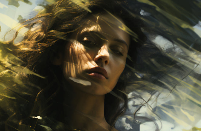 Woman's face with long hair partially submerged in water, surrounded by greenery