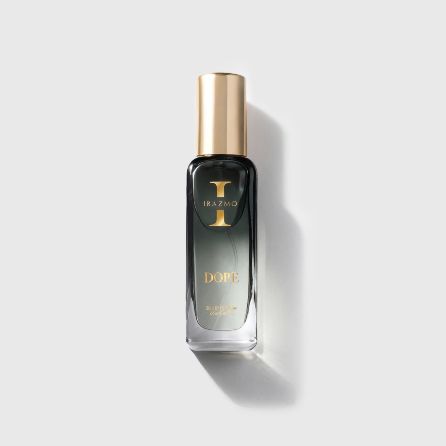 Perfume bottle with gold cap and black label on a light gray background