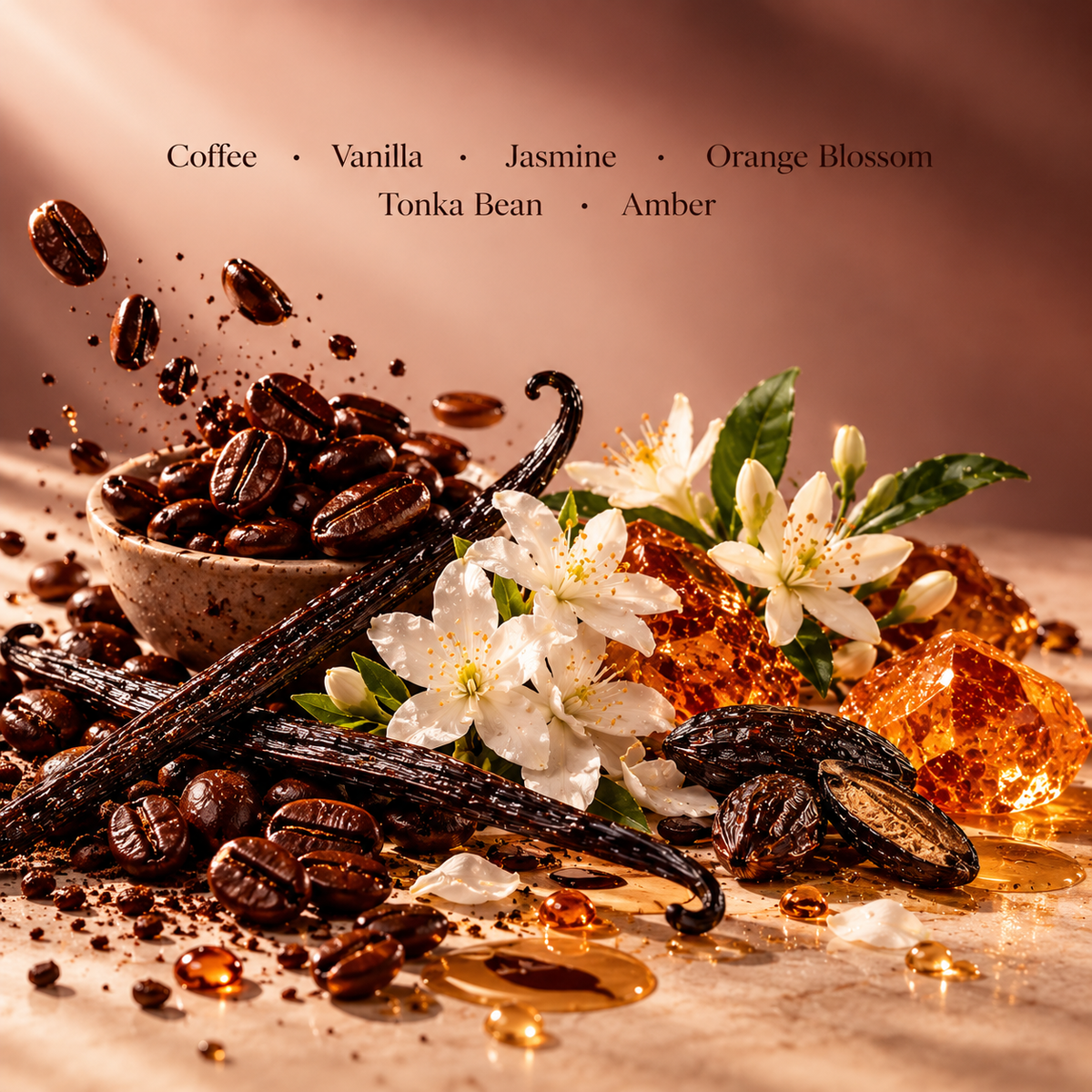 Vibe fragrance notes graphic showing coffee, vanilla, jasmine, orange blossom, tonka bean and amber