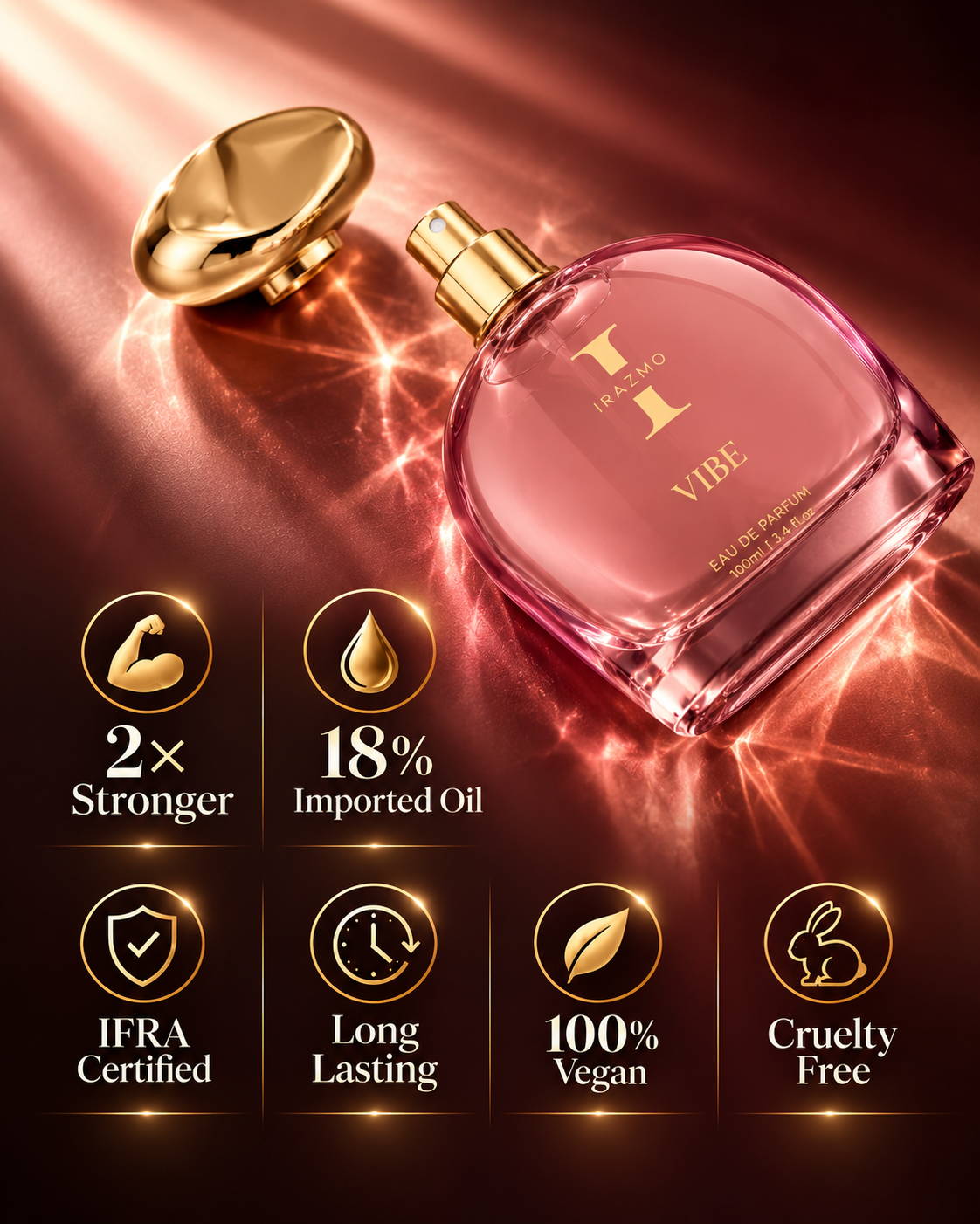 Irazmo Vibe bottle with exposed spray nozzle and fragrance benefit icons on a pink background