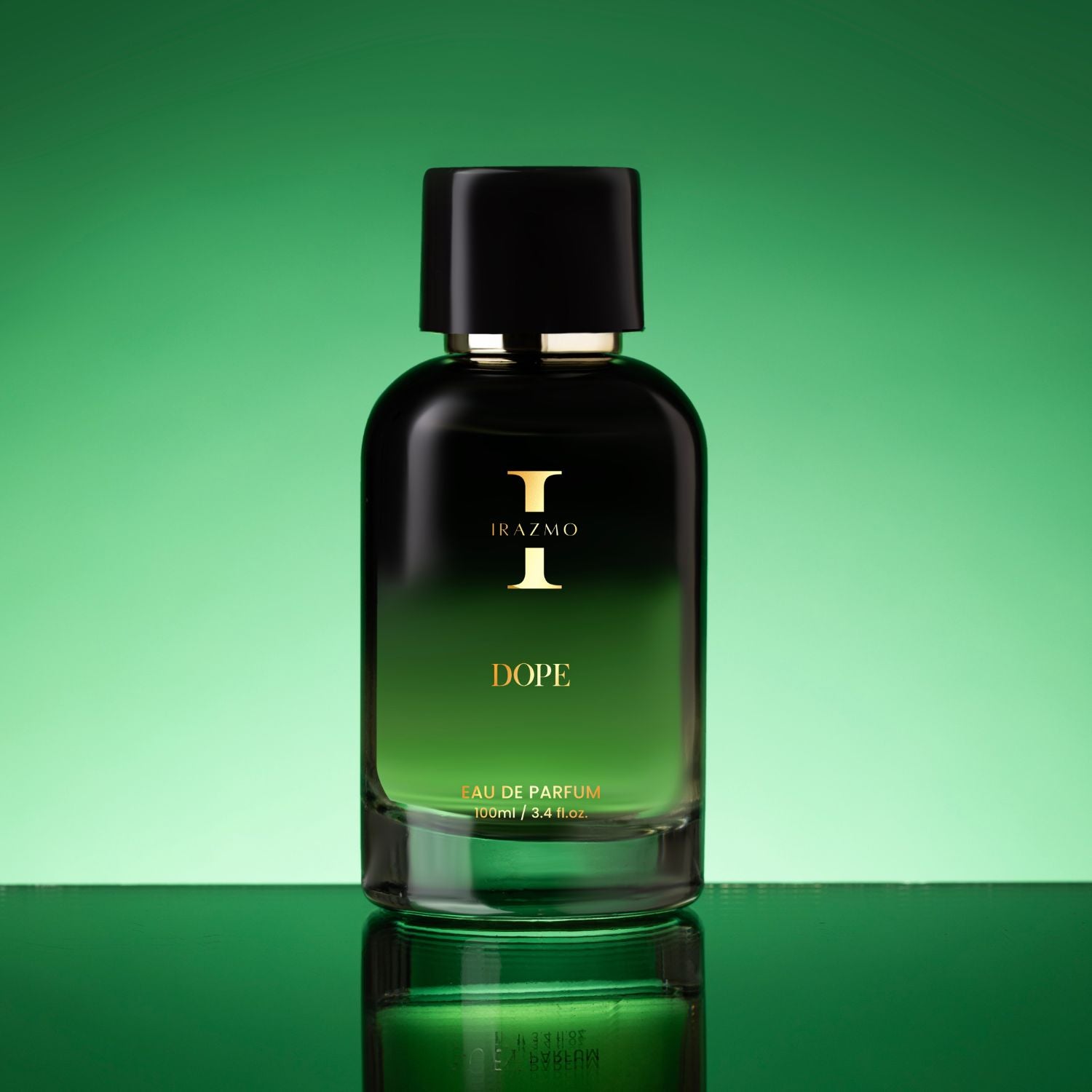 Perfume bottle labeled 'DOPE' on a green background