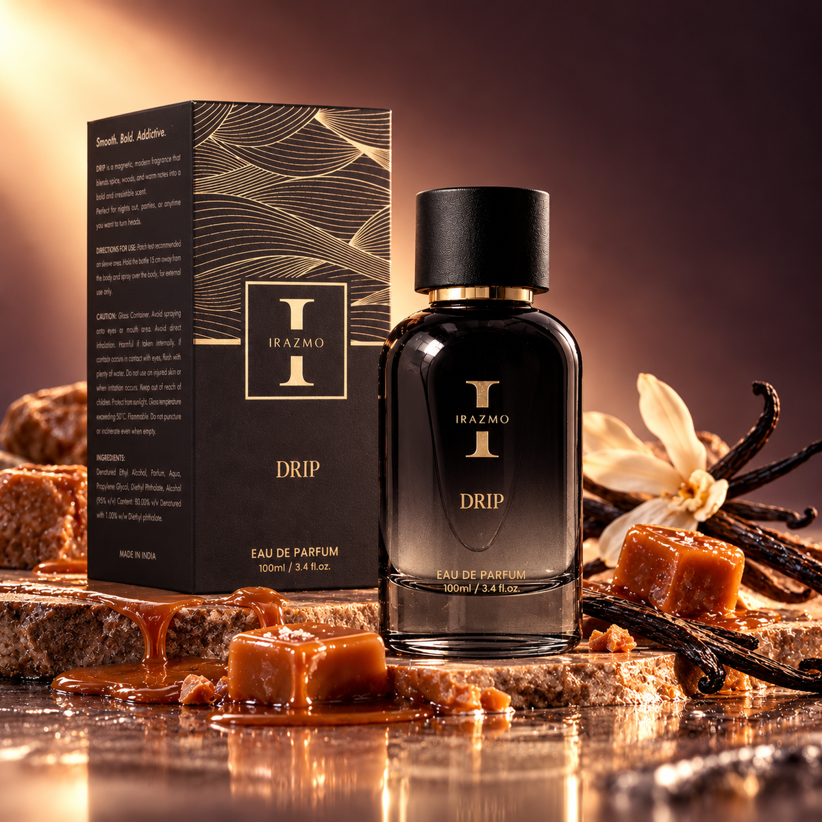Irazmo Drip perfume bottle and black box beside toffee and vanilla pods