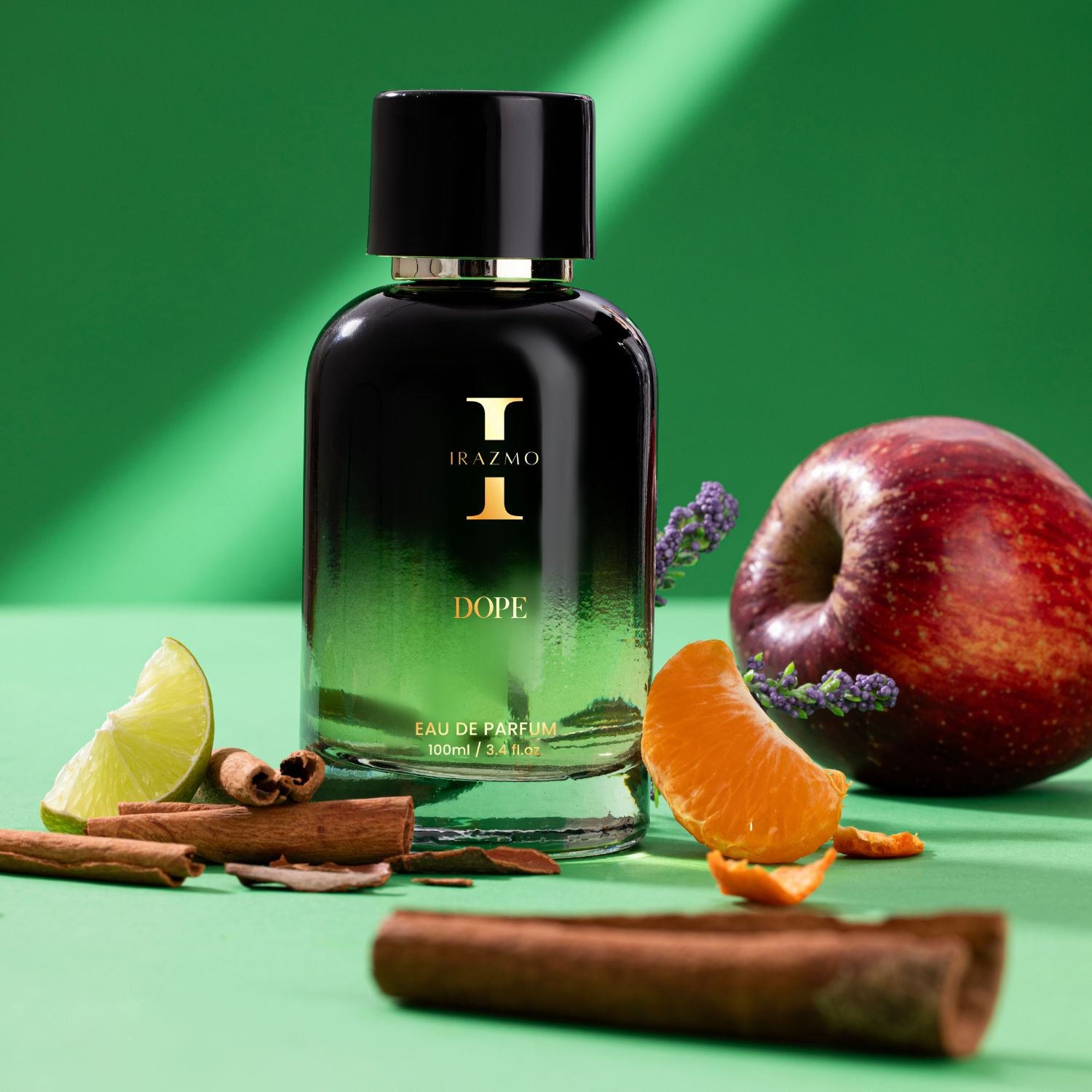 Perfume bottle labeled 'DOPE' with fruit and spices on a green background