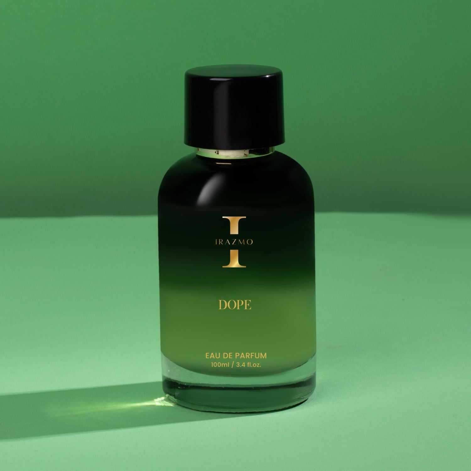 Perfume bottle labeled 'DOPE' on a green background