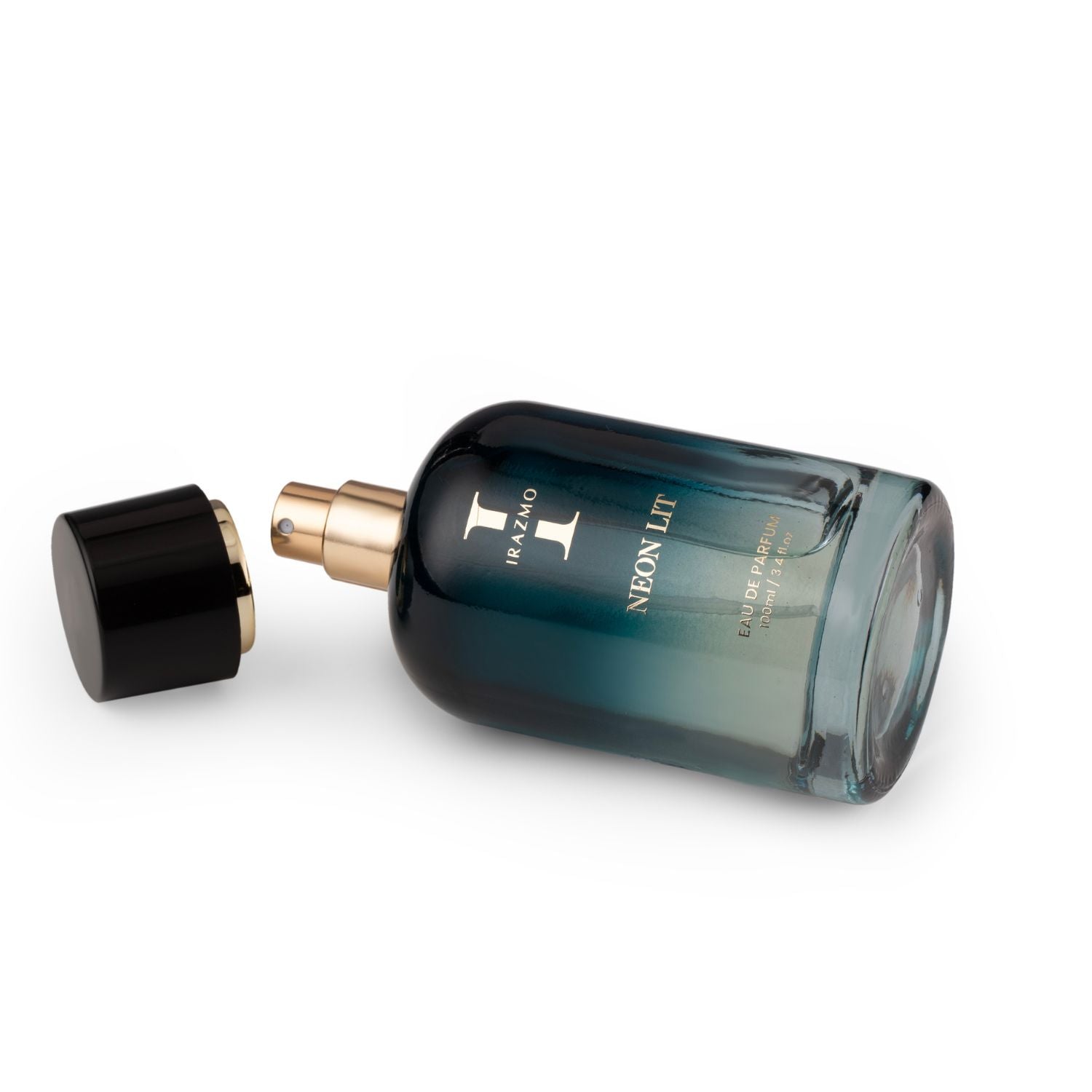 Perfume bottle with black cap and gold nozzle on a white background