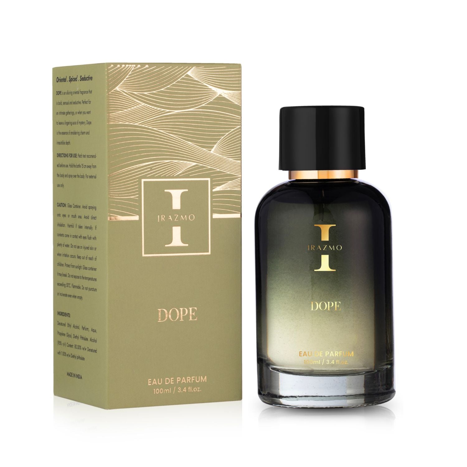 Perfume bottle and packaging of 'Dope' by Iرازمو on a white background