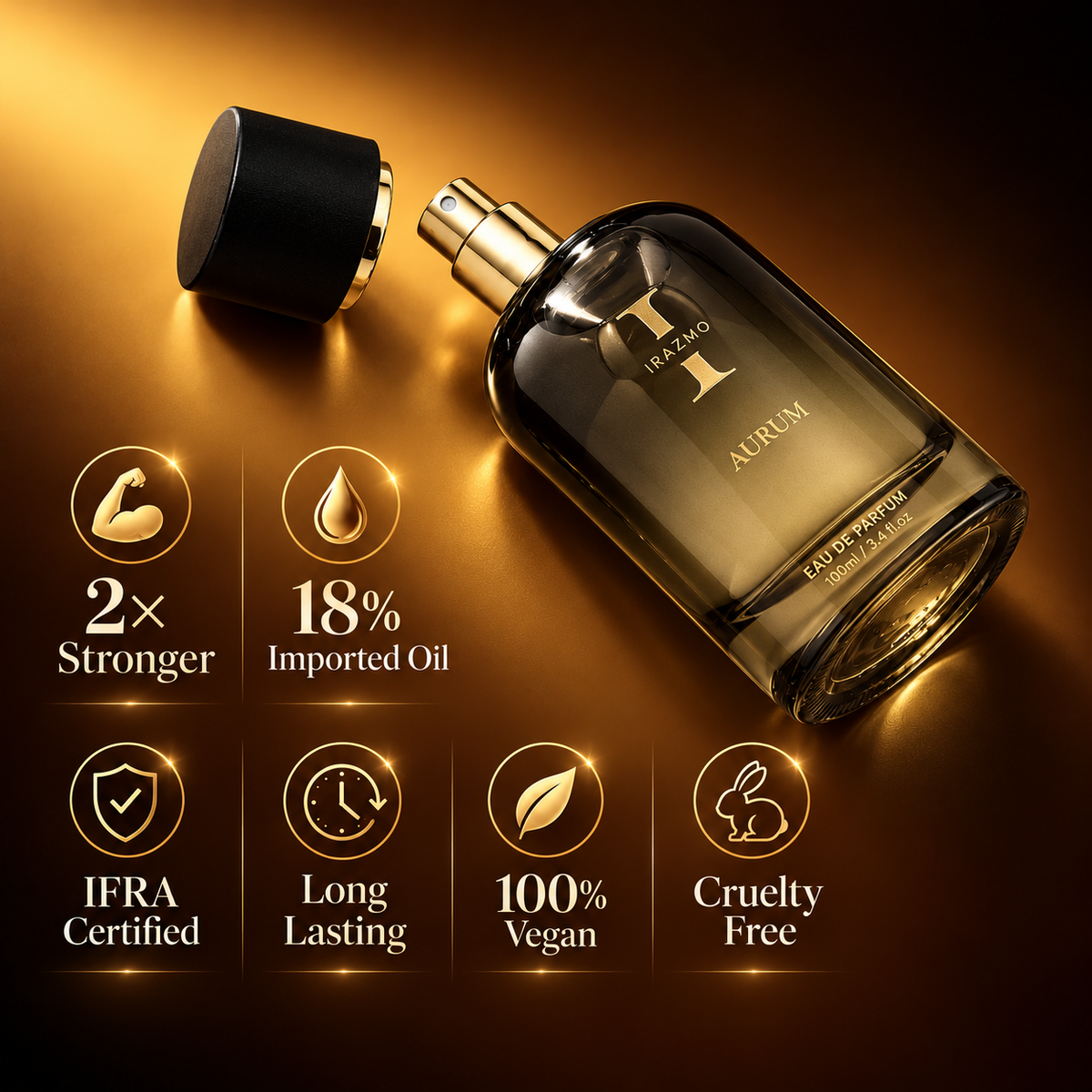 Irazmo Aurum bottle with exposed spray nozzle and fragrance benefit icons