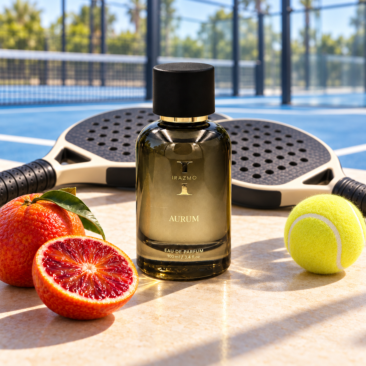 Irazmo Aurum perfume bottle with citrus, a tennis ball and padel rackets beside a blue court