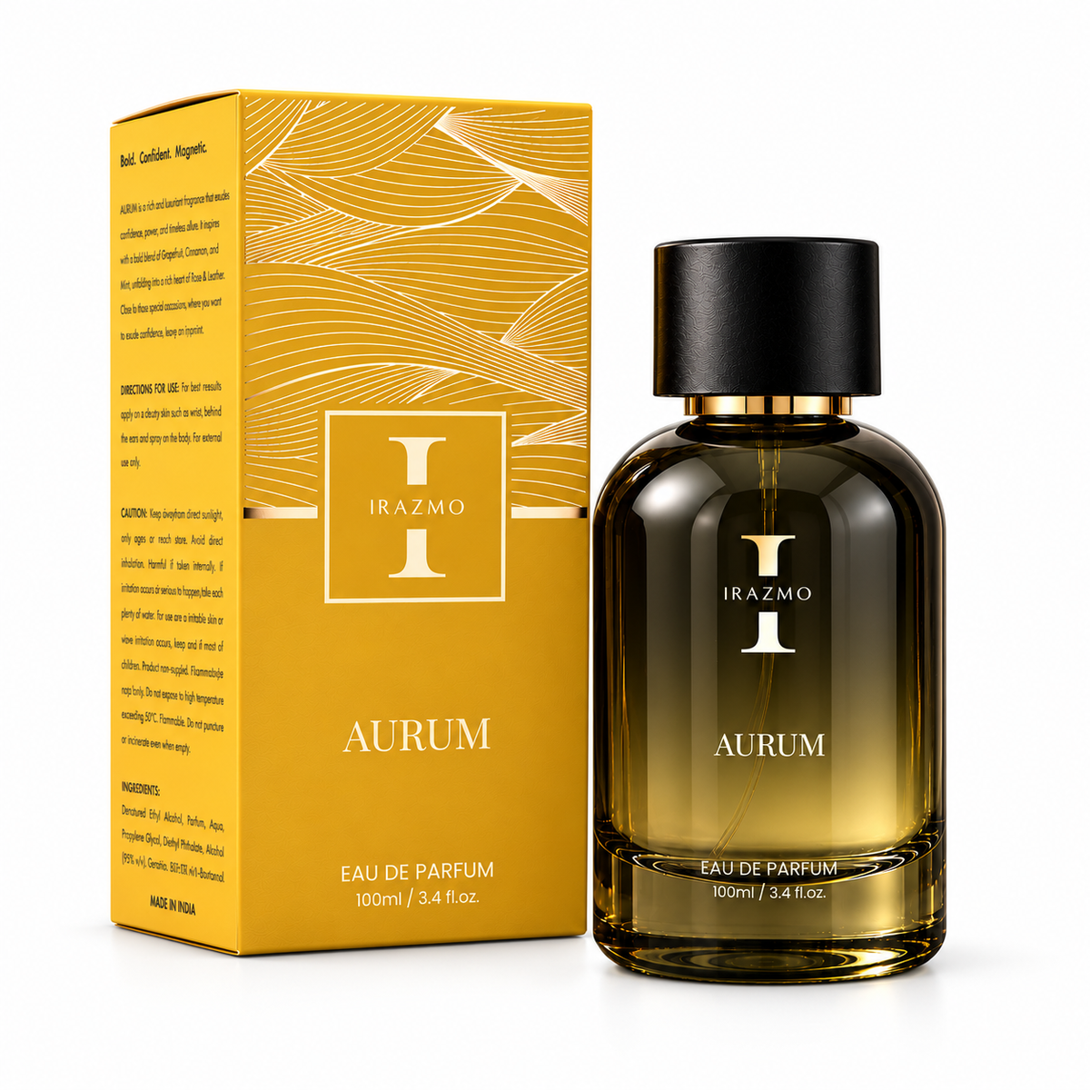 Irazmo Aurum perfume bottle and yellow packaging on a white background