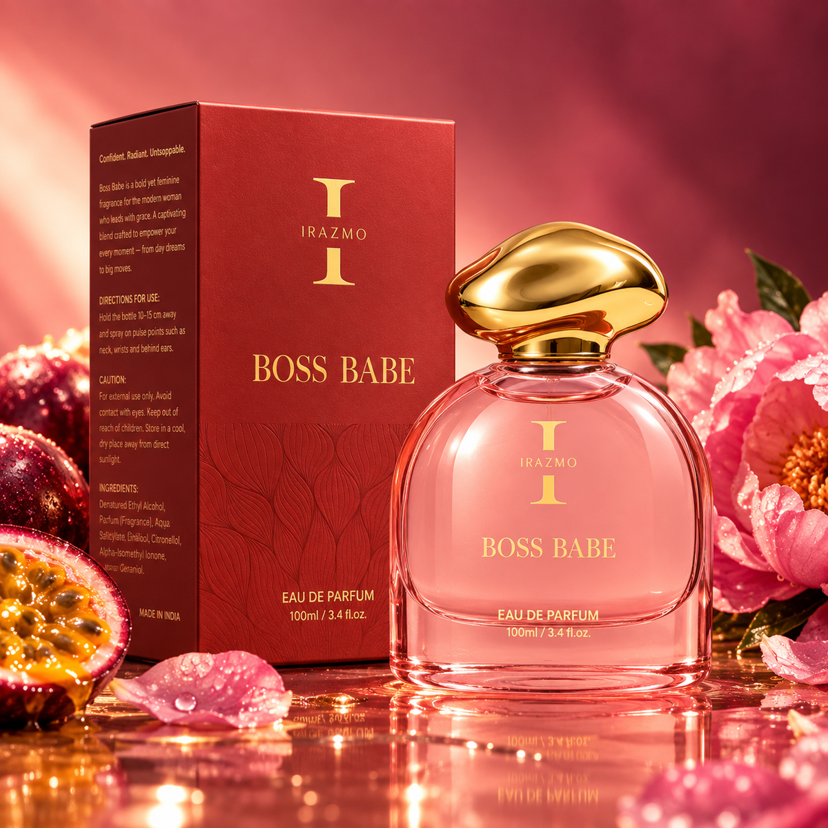 Irazmo Boss Babe perfume bottle and red box with pink flowers and passionfruit