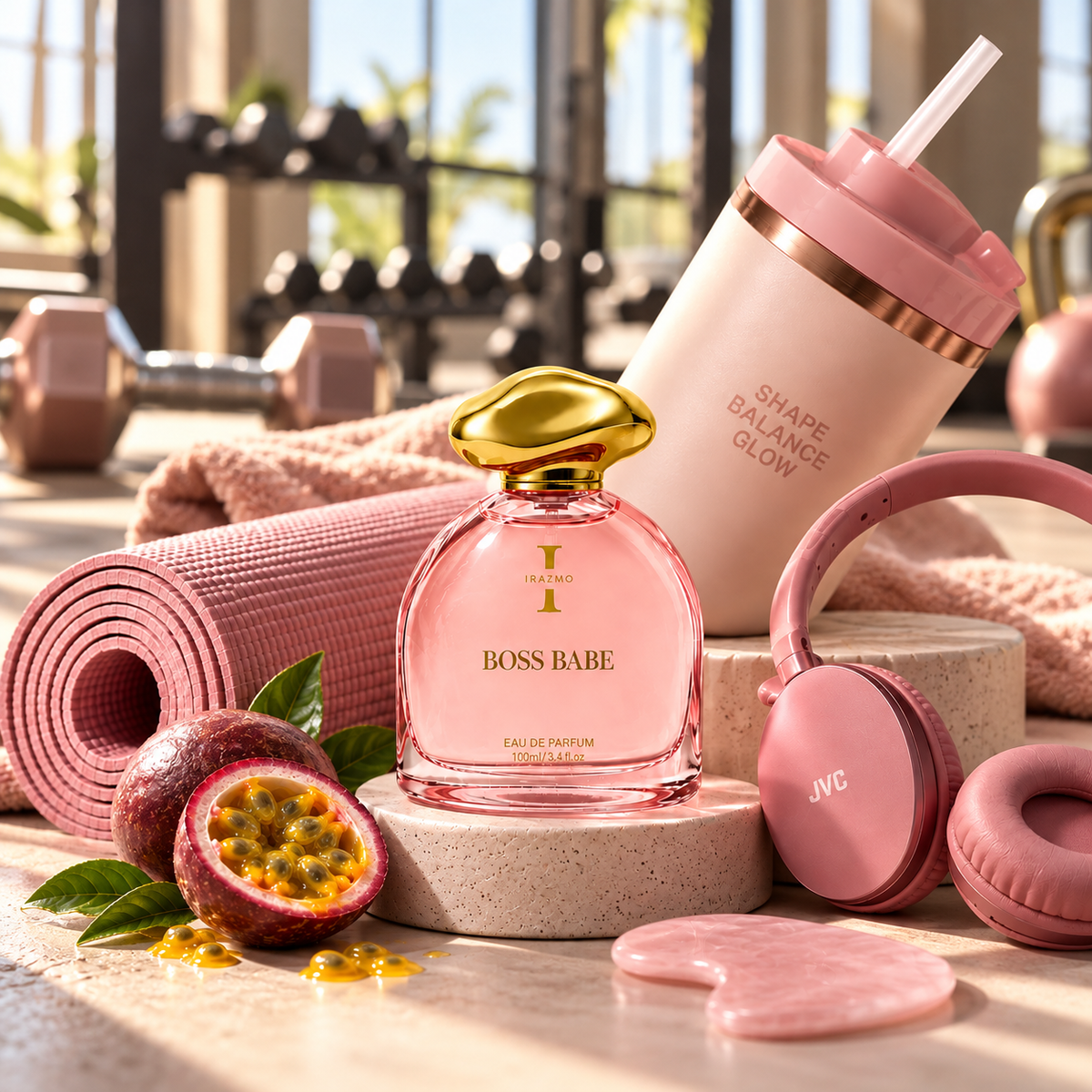 Irazmo Boss Babe perfume bottle with pink workout accessories and passionfruit in a gym