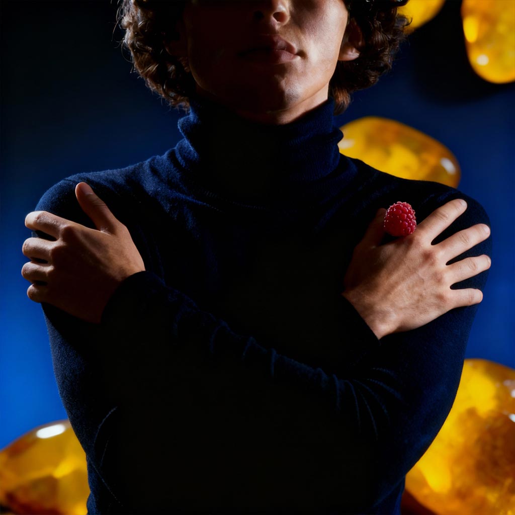 Person wearing a dark turtleneck with a red berry on a blue background