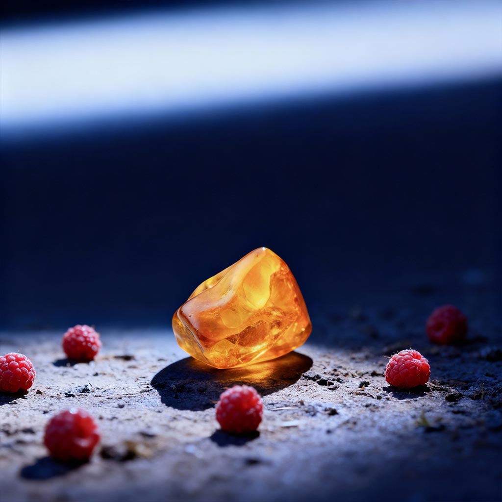 Transparent orange gemstone surrounded by raspberries on a dark background