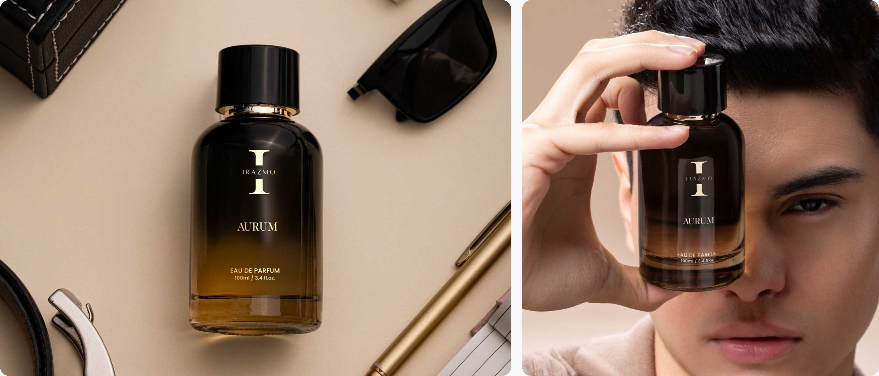 Perfume bottle labeled 'Nubium' on a beige surface with a person holding it close to their face.