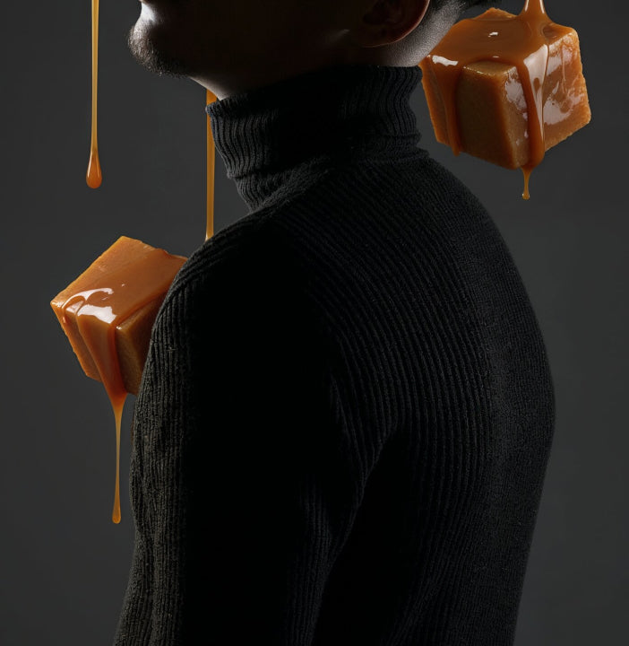 Person wearing a black turtleneck with caramel cubes and drizzles on a dark background