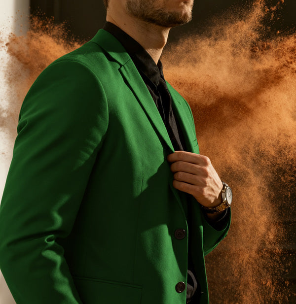 Man wearing a green blazer with a dark shirt against a brown abstract background