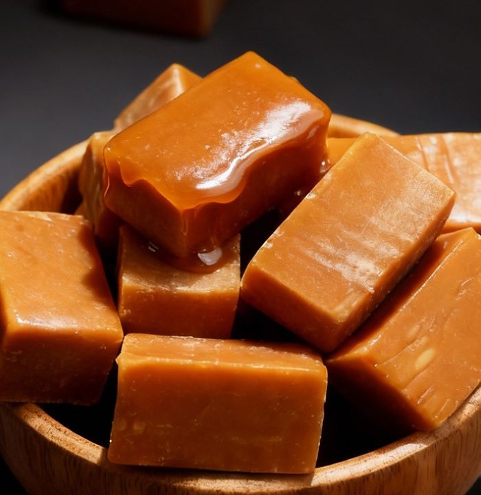 Caramel squares in a wooden bowl on a dark background